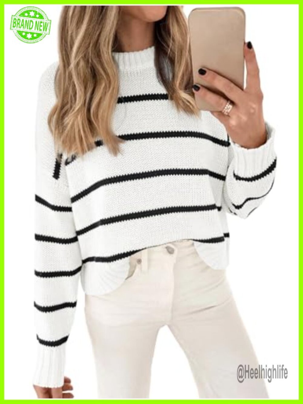 100% Cotton Cropped Striped Pullover Sweater with Crew Neck